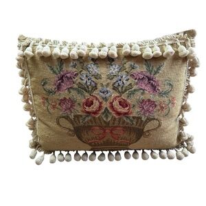 VTG Imperial Elegance Needlepoint Pillow Tassels 15”x 20” French Country Floral